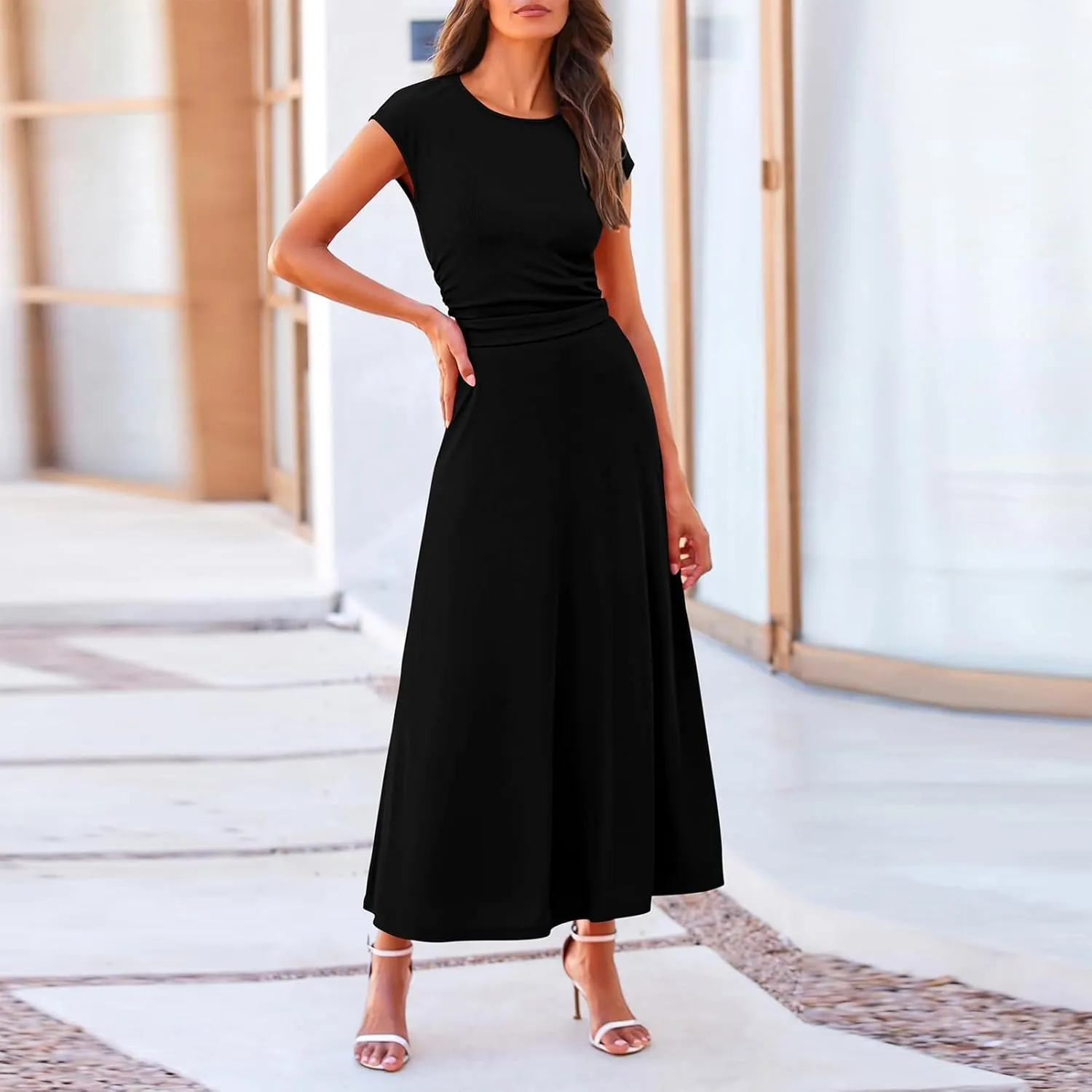 2 Piece Skirt Set Women Crew Neck Short Sleeve Cropped Top Elastic Waist Swing Skirts High Waist Maxi Skirt Set