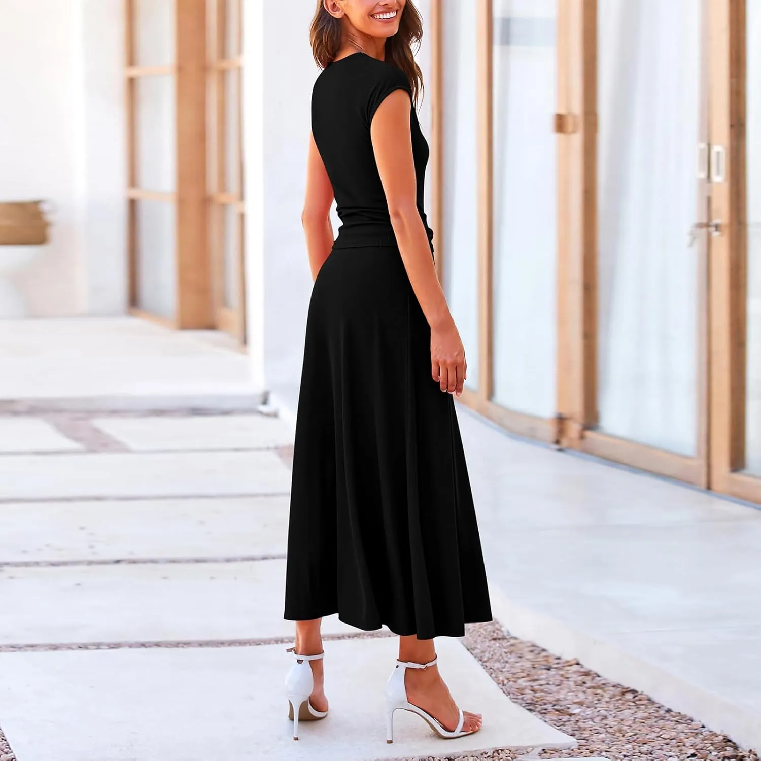 2 Piece Skirt Set Women Crew Neck Short Sleeve Cropped Top Elastic Waist Swing Skirts High Waist Maxi Skirt Set