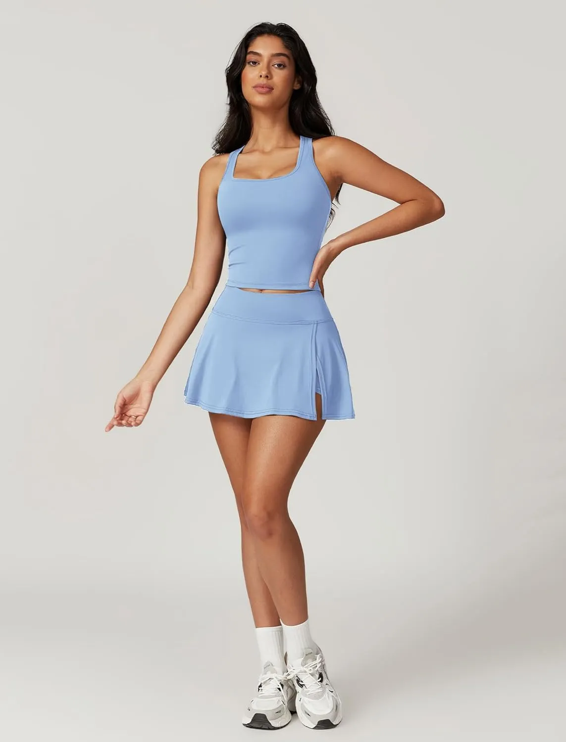 2 Piece Tennis Dress for Women High Waisted Pleated Skirt Sets Sleeveless Racerback Padded Crop Top Golf Outfits
