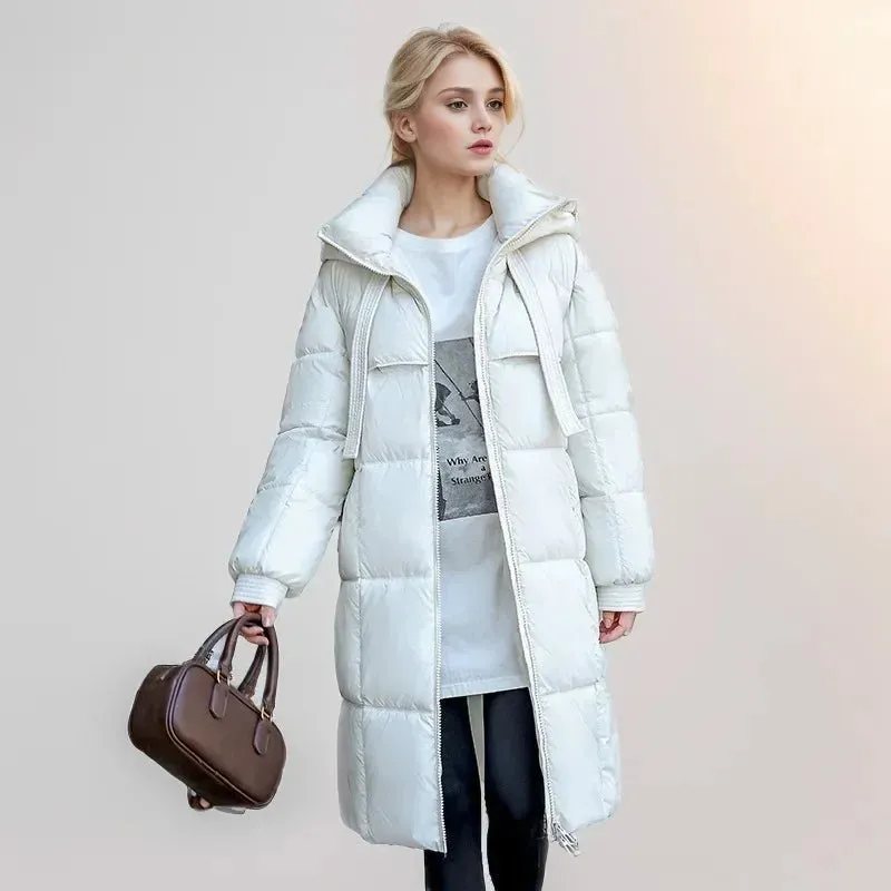 2024 Winter-Daunenjacken, neu für Damen, die Midi-Länge ist intelligent, lässig, einfarbig, mit Kapuze, lockere, verdickte, kältebeständige Jacke