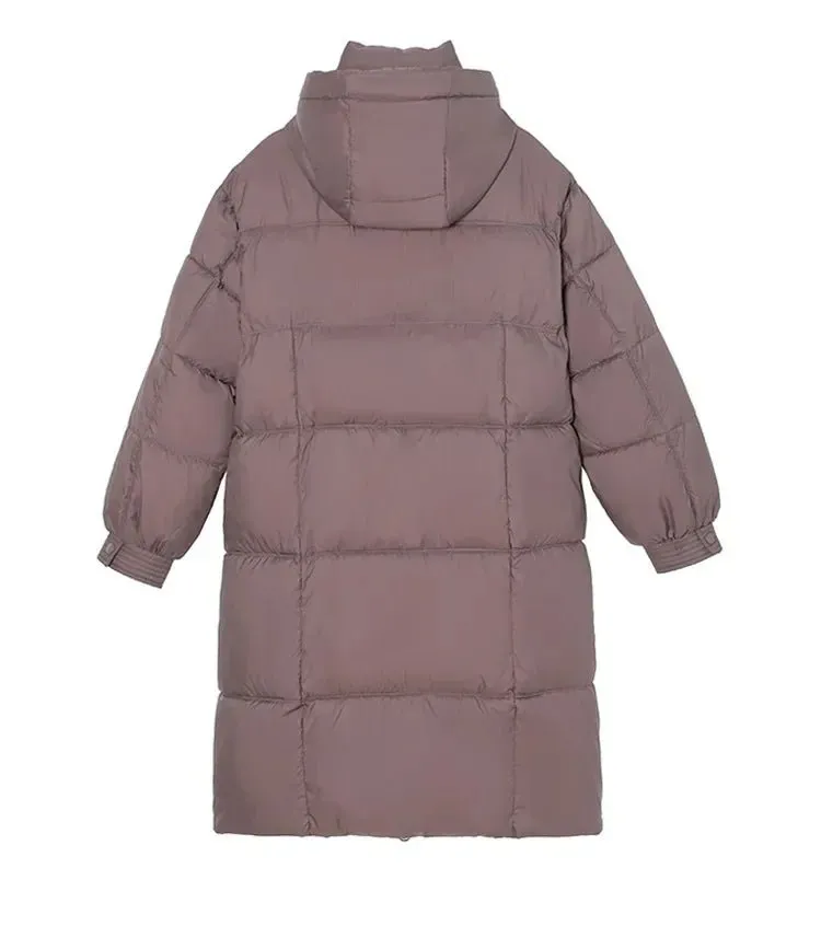 2024 Winter-Daunenjacken, neu für Damen, die Midi-Länge ist intelligent, lässig, einfarbig, mit Kapuze, lockere, verdickte, kältebeständige Jacke