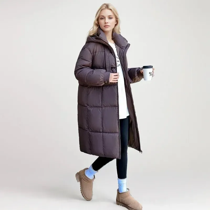 2024 Winter-Daunenjacken, neu für Damen, die Midi-Länge ist intelligent, lässig, einfarbig, mit Kapuze, lockere, verdickte, kältebeständige Jacke