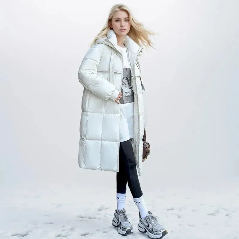 2024 Winter-Daunenjacken, neu für Damen, die Midi-Länge ist intelligent, lässig, einfarbig, mit Kapuze, lockere, verdickte, kältebeständige Jacke