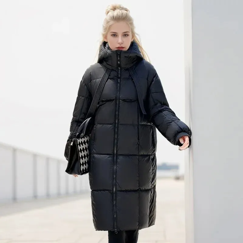 2024 Winter-Daunenjacken, neu für Damen, die Midi-Länge ist intelligent, lässig, einfarbig, mit Kapuze, lockere, verdickte, kältebeständige Jacke