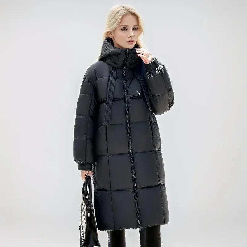 2024 Winter-Daunenjacken, neu für Damen, die Midi-Länge ist intelligent, lässig, einfarbig, mit Kapuze, lockere, verdickte, kältebeständige Jacke