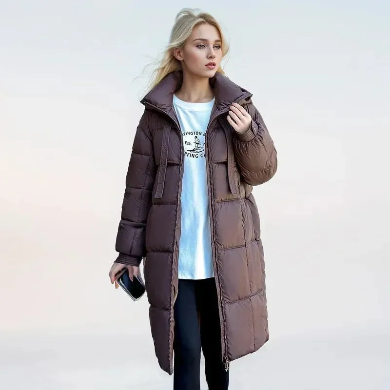 2024 Winter-Daunenjacken, neu für Damen, die Midi-Länge ist intelligent, lässig, einfarbig, mit Kapuze, lockere, verdickte, kältebeständige Jacke