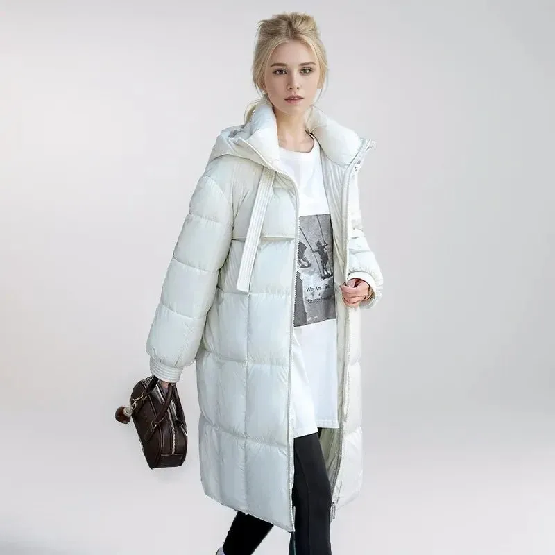 2024 Winter-Daunenjacken, neu für Damen, die Midi-Länge ist intelligent, lässig, einfarbig, mit Kapuze, lockere, verdickte, kältebeständige Jacke