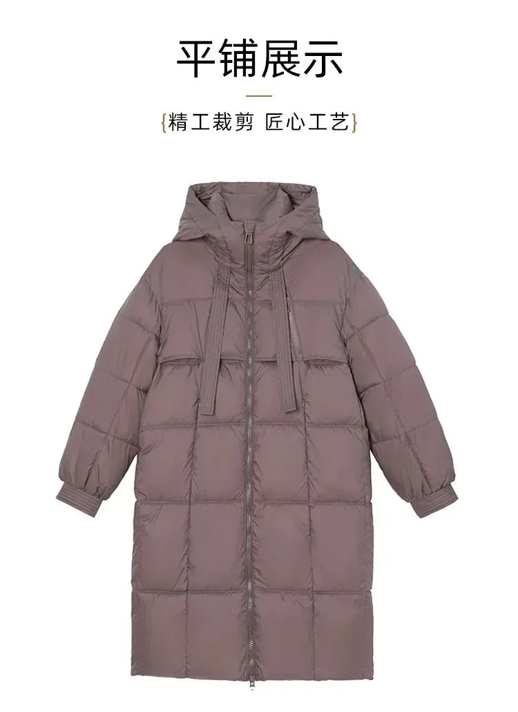 2024 Winter-Daunenjacken, neu für Damen, die Midi-Länge ist intelligent, lässig, einfarbig, mit Kapuze, lockere, verdickte, kältebeständige Jacke