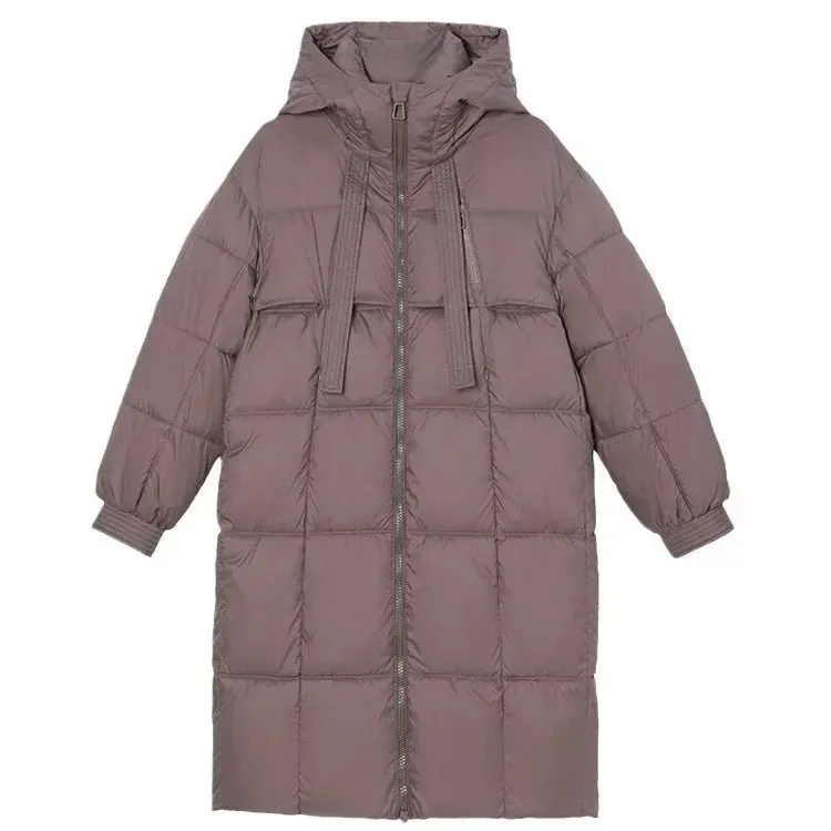 2024 Winter-Daunenjacken, neu für Damen, die Midi-Länge ist intelligent, lässig, einfarbig, mit Kapuze, lockere, verdickte, kältebeständige Jacke