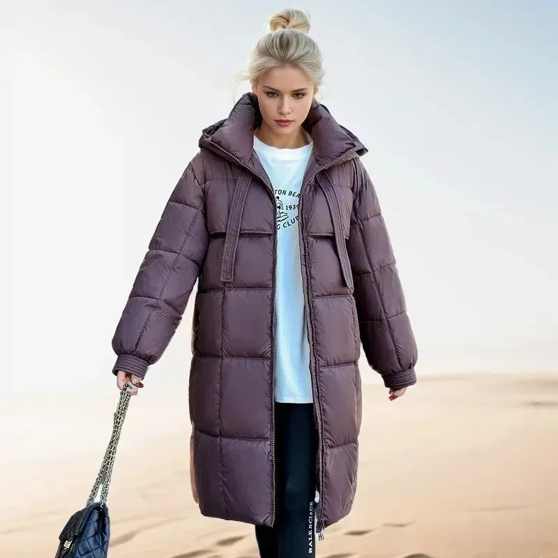 2024 Winter-Daunenjacken, neu für Damen, die Midi-Länge ist intelligent, lässig, einfarbig, mit Kapuze, lockere, verdickte, kältebeständige Jacke