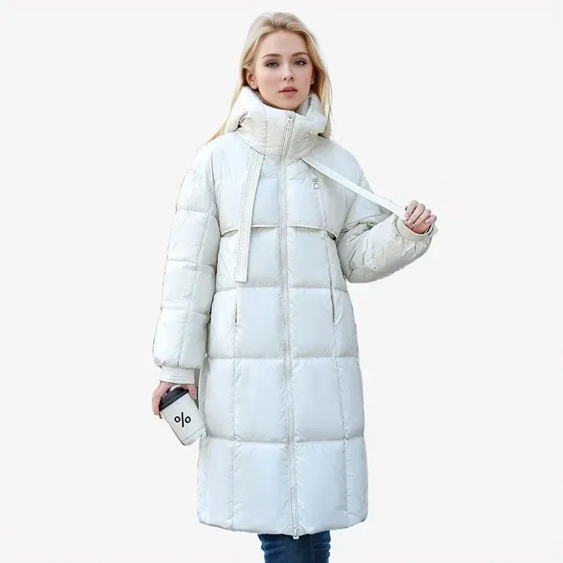 2024 Winter-Daunenjacken, neu für Damen, die Midi-Länge ist intelligent, lässig, einfarbig, mit Kapuze, lockere, verdickte, kältebeständige Jacke