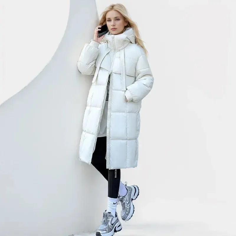 2024 Winter-Daunenjacken, neu für Damen, die Midi-Länge ist intelligent, lässig, einfarbig, mit Kapuze, lockere, verdickte, kältebeständige Jacke