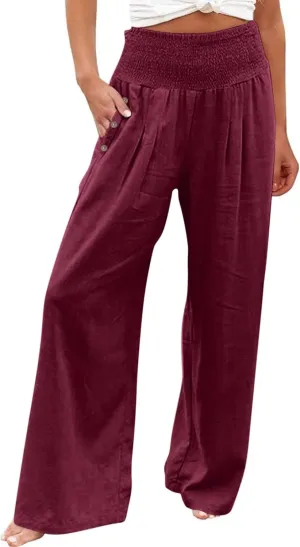 4th of July Wide Leg Pants for Women Patriotic Elastic Waist Independence Day Red White and Blue Pants with Pockets