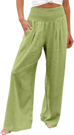 4th of July Wide Leg Pants for Women Patriotic Elastic Waist Independence Day Red White and Blue Pants with Pockets