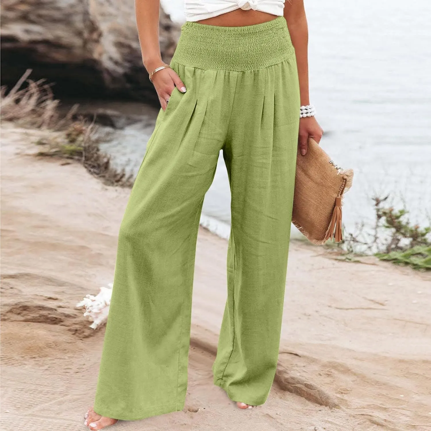 4th of July Wide Leg Pants for Women Patriotic Elastic Waist Independence Day Red White and Blue Pants with Pockets