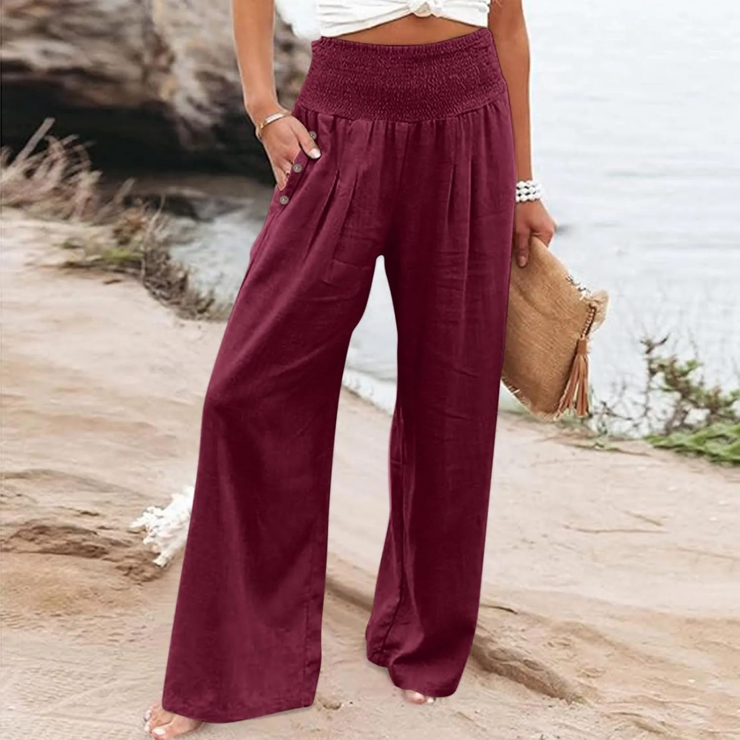 4th of July Wide Leg Pants for Women Patriotic Elastic Waist Independence Day Red White and Blue Pants with Pockets