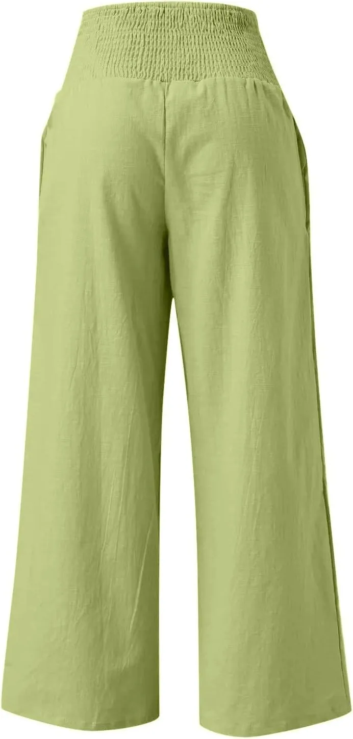 4th of July Wide Leg Pants for Women Patriotic Elastic Waist Independence Day Red White and Blue Pants with Pockets