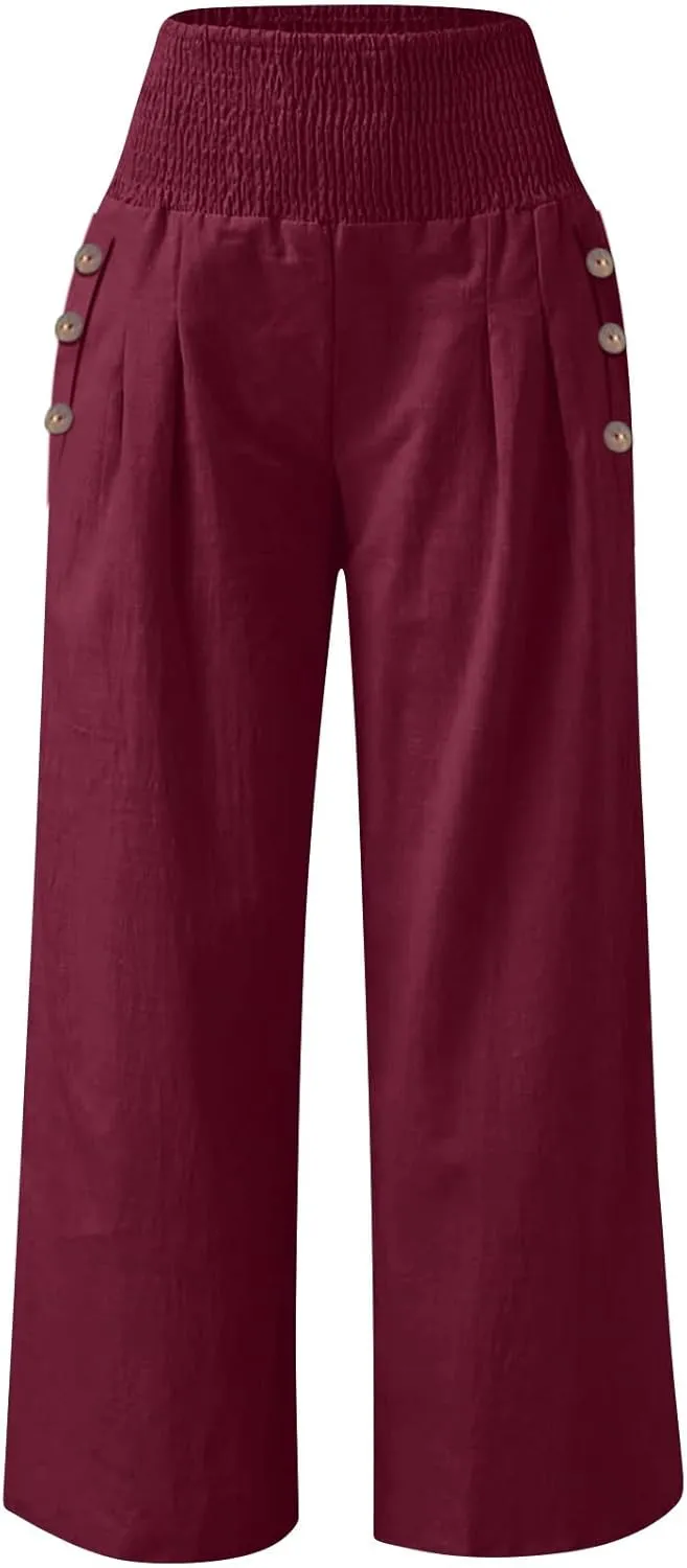4th of July Wide Leg Pants for Women Patriotic Elastic Waist Independence Day Red White and Blue Pants with Pockets