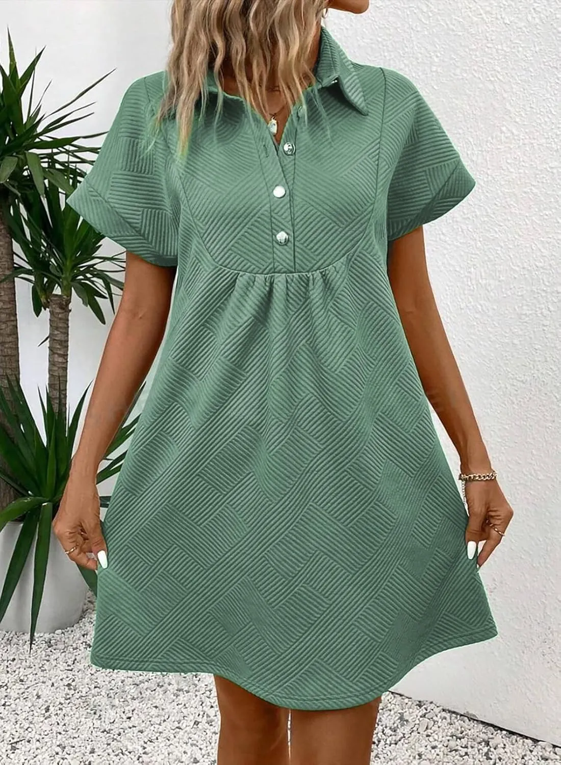 Acelitt Summer Lapel Collared Dresses for Women 2025 Batwing Short Sleeve Mini Dress Beach Sundress