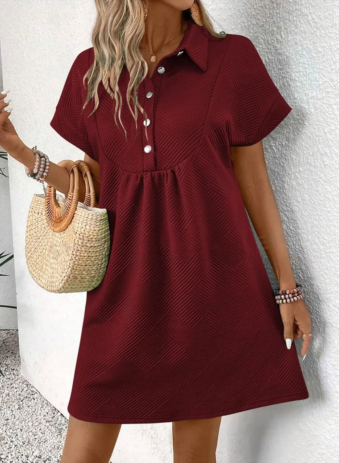 Acelitt Summer Lapel Collared Dresses for Women 2025 Batwing Short Sleeve Mini Dress Beach Sundress