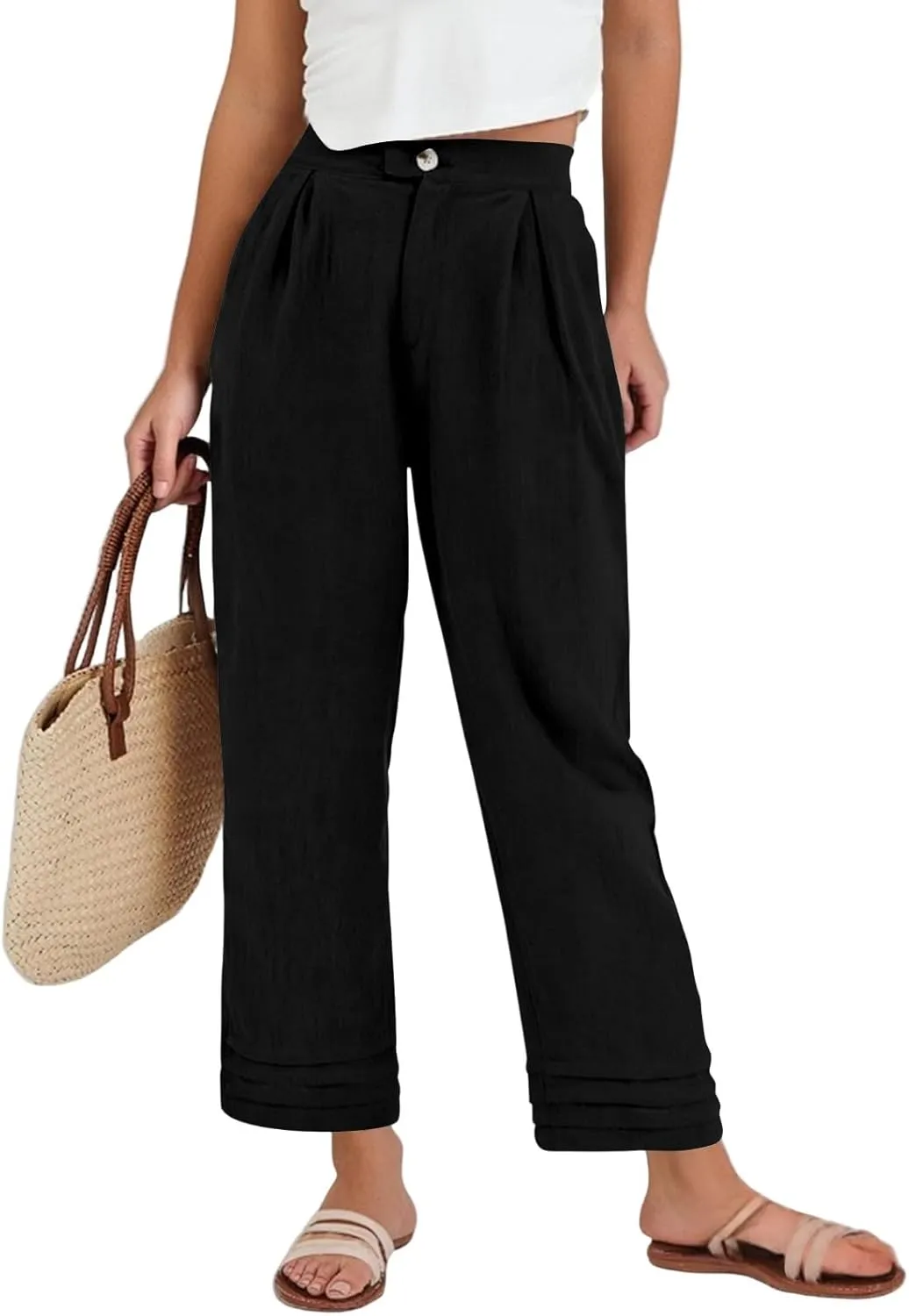 ADHOWBEW Womens Linen Pants Baggy Cotton Lounge Plus Size Elastic Waist Wide Leg Boho Casual Trousers with Pockets