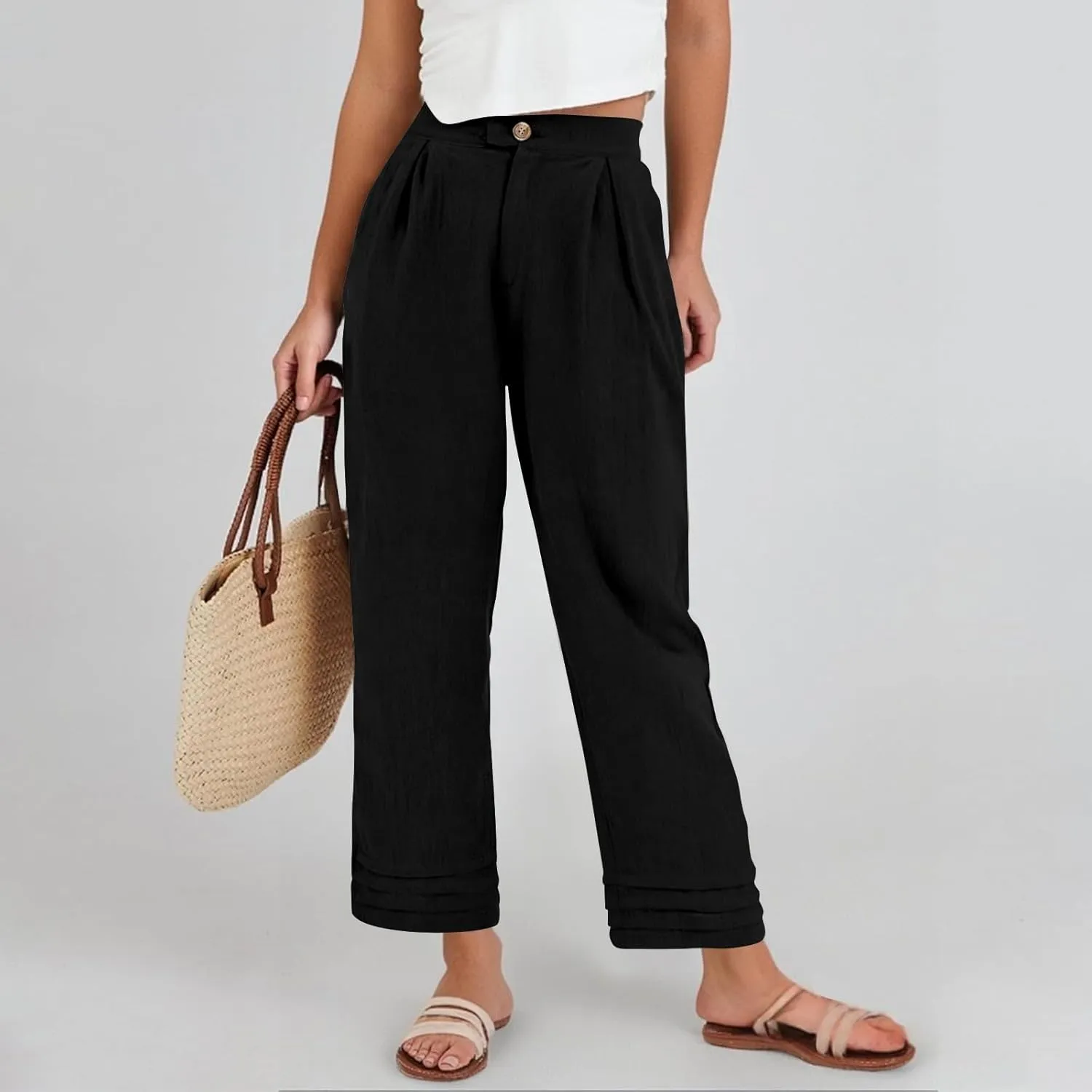ADHOWBEW Womens Linen Pants Baggy Cotton Lounge Plus Size Elastic Waist Wide Leg Boho Casual Trousers with Pockets