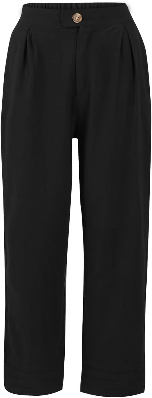 ADHOWBEW Womens Linen Pants Baggy Cotton Lounge Plus Size Elastic Waist Wide Leg Boho Casual Trousers with Pockets