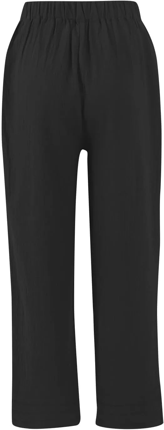 ADHOWBEW Womens Linen Pants Baggy Cotton Lounge Plus Size Elastic Waist Wide Leg Boho Casual Trousers with Pockets