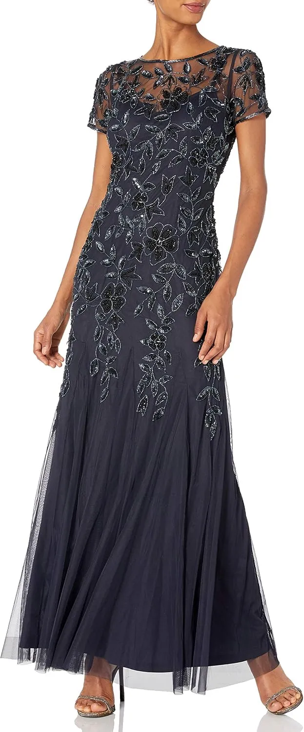 Adrianna Papell Women's Floral Beaded Godet Gown, Twilight, 16