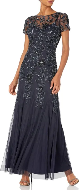 Adrianna Papell Women's Floral Beaded Godet Gown, Twilight, 16