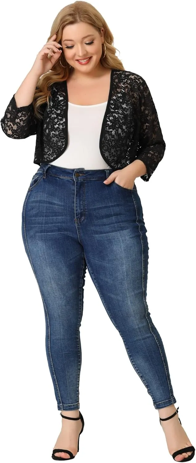 Agnes Orinda Plus Size Floral Lace Shrug for Women Elegant 3/4 Sleeve Lightweight Sheer Bolero Cardigan