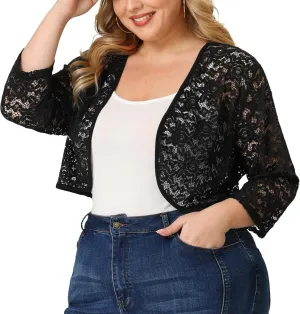 Agnes Orinda Plus Size Floral Lace Shrug for Women Elegant 3/4 Sleeve Lightweight Sheer Bolero Cardigan