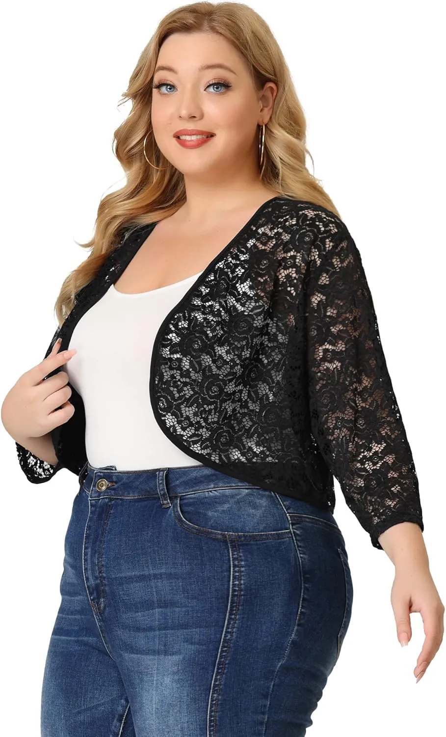 Agnes Orinda Plus Size Floral Lace Shrug for Women Elegant 3/4 Sleeve Lightweight Sheer Bolero Cardigan