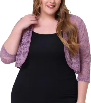 Agnes Orinda Plus Size Floral Lace Shrug for Women Elegant 3/4 Sleeve Lightweight Sheer Bolero Cardigan