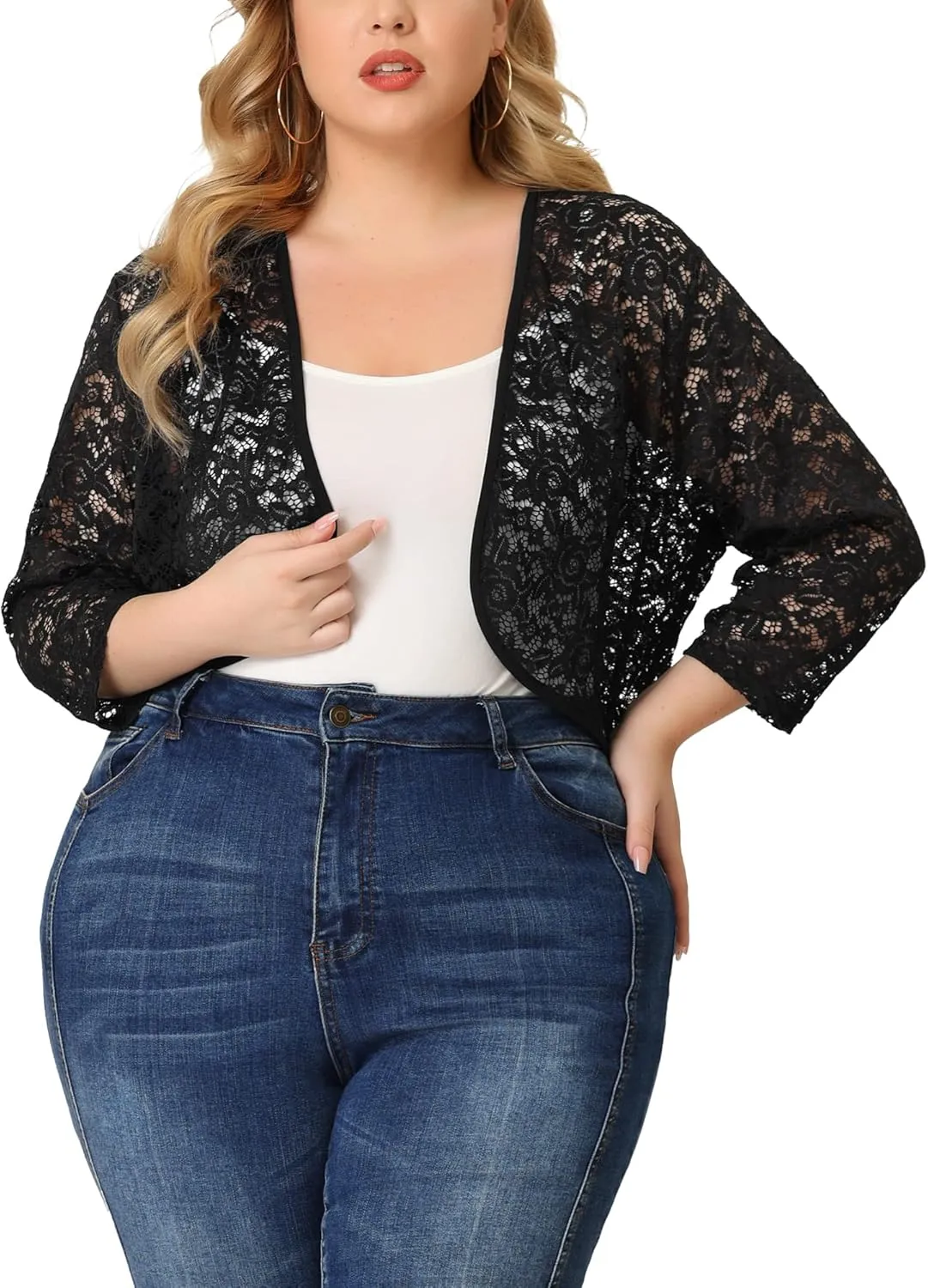 Agnes Orinda Plus Size Floral Lace Shrug for Women Elegant 3/4 Sleeve Lightweight Sheer Bolero Cardigan