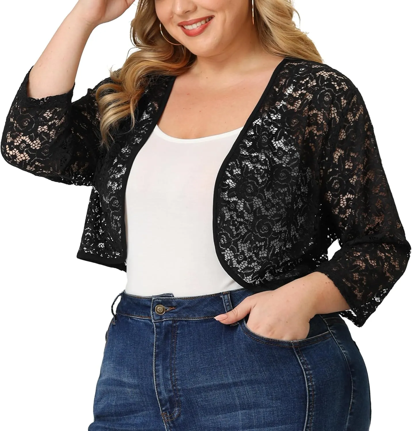 Agnes Orinda Plus Size Floral Lace Shrug for Women Elegant 3/4 Sleeve Lightweight Sheer Bolero Cardigan