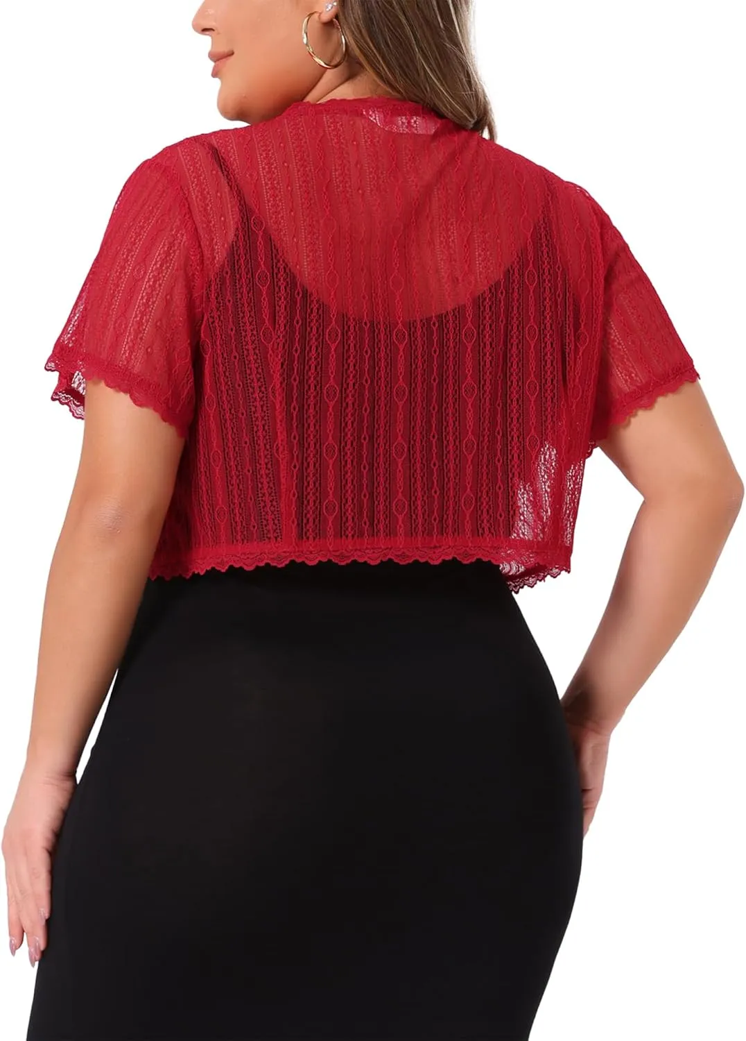 Agnes Orinda Plus Size Lace Shrugs for Women Elegant Sheer Short Sleeve Floral Bolero Shrug Tops Cardigan