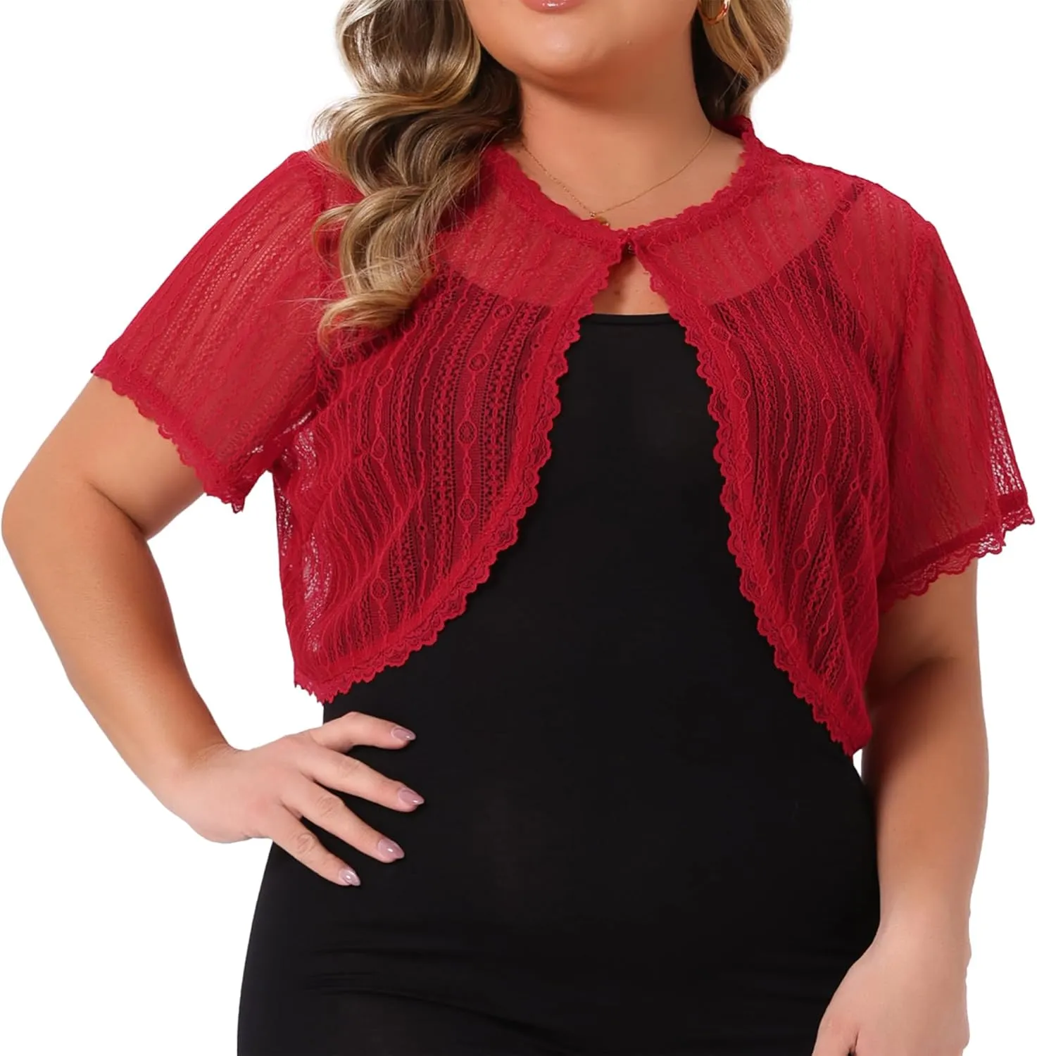 Agnes Orinda Plus Size Lace Shrugs for Women Elegant Sheer Short Sleeve Floral Bolero Shrug Tops Cardigan