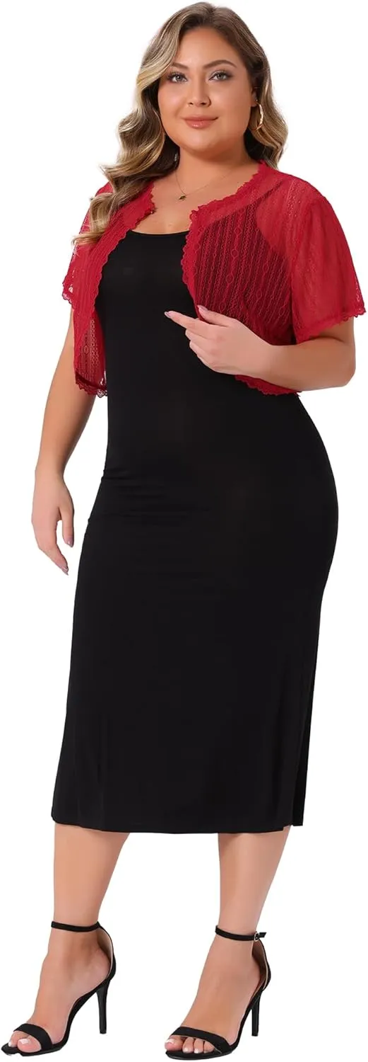 Agnes Orinda Plus Size Lace Shrugs for Women Elegant Sheer Short Sleeve Floral Bolero Shrug Tops Cardigan