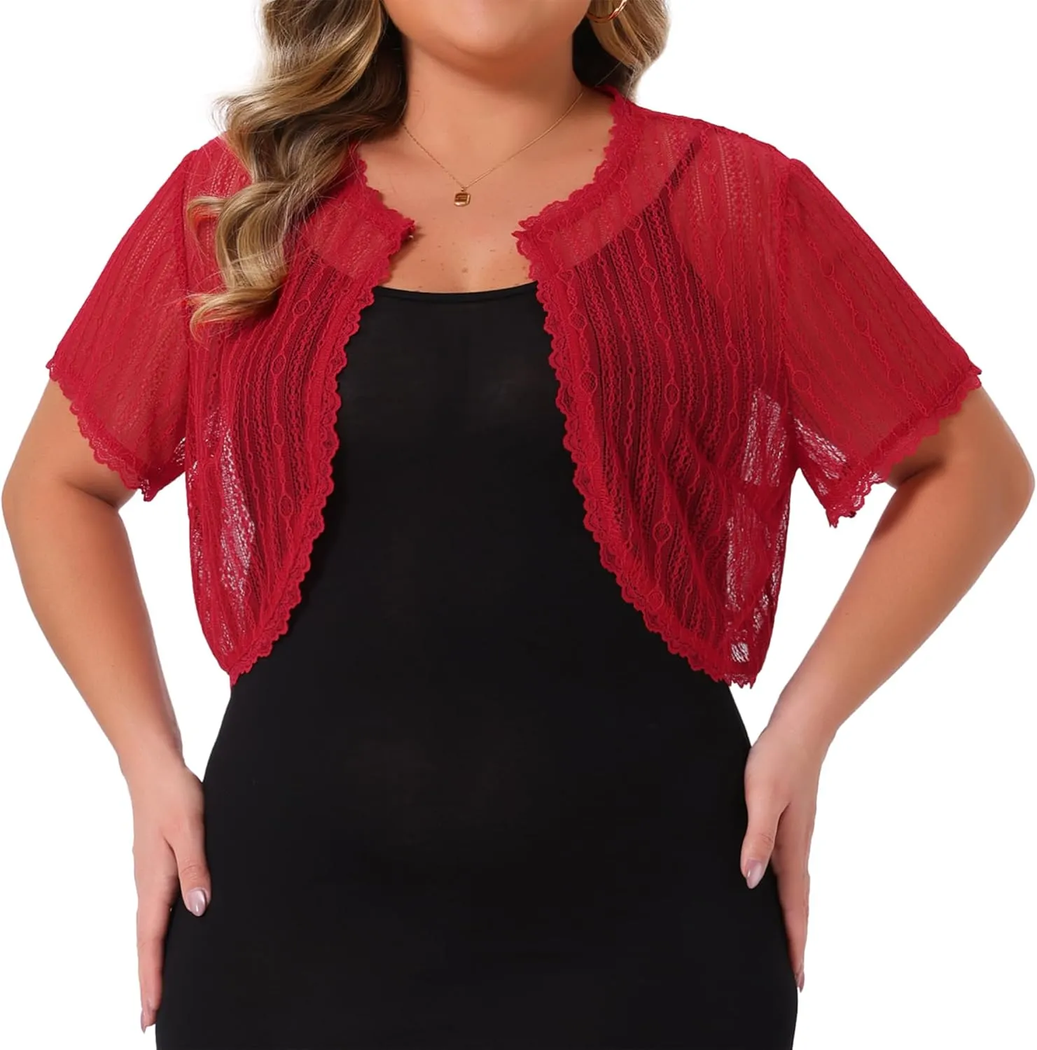 Agnes Orinda Plus Size Lace Shrugs for Women Elegant Sheer Short Sleeve Floral Bolero Shrug Tops Cardigan