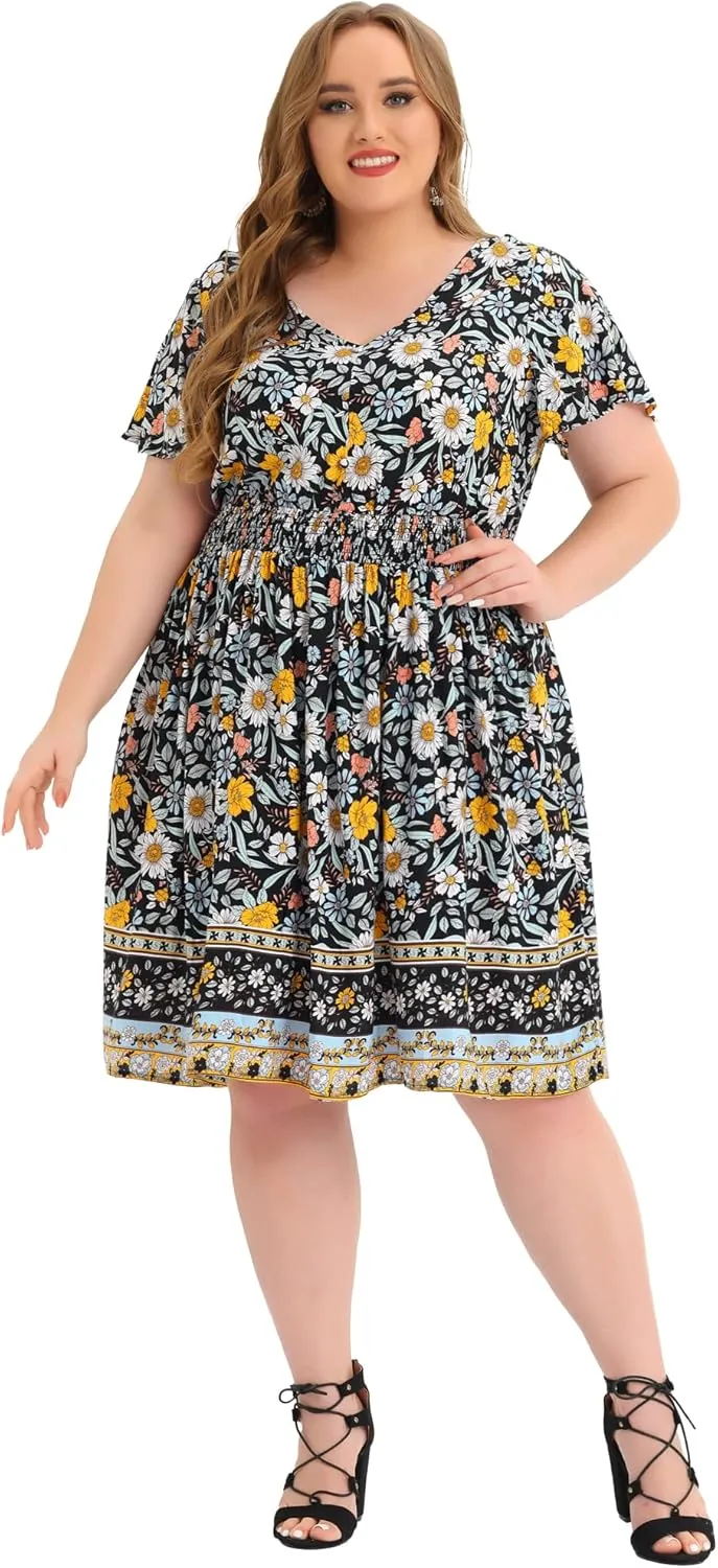 Agnes Orinda Plus Size Midi Dresses for Women Placed Pattern Bohemian Smock Waist V Neck Summer Dress
