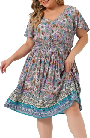 Agnes Orinda Plus Size Midi Dresses for Women Placed Pattern Bohemian Smock Waist V Neck Summer Dress