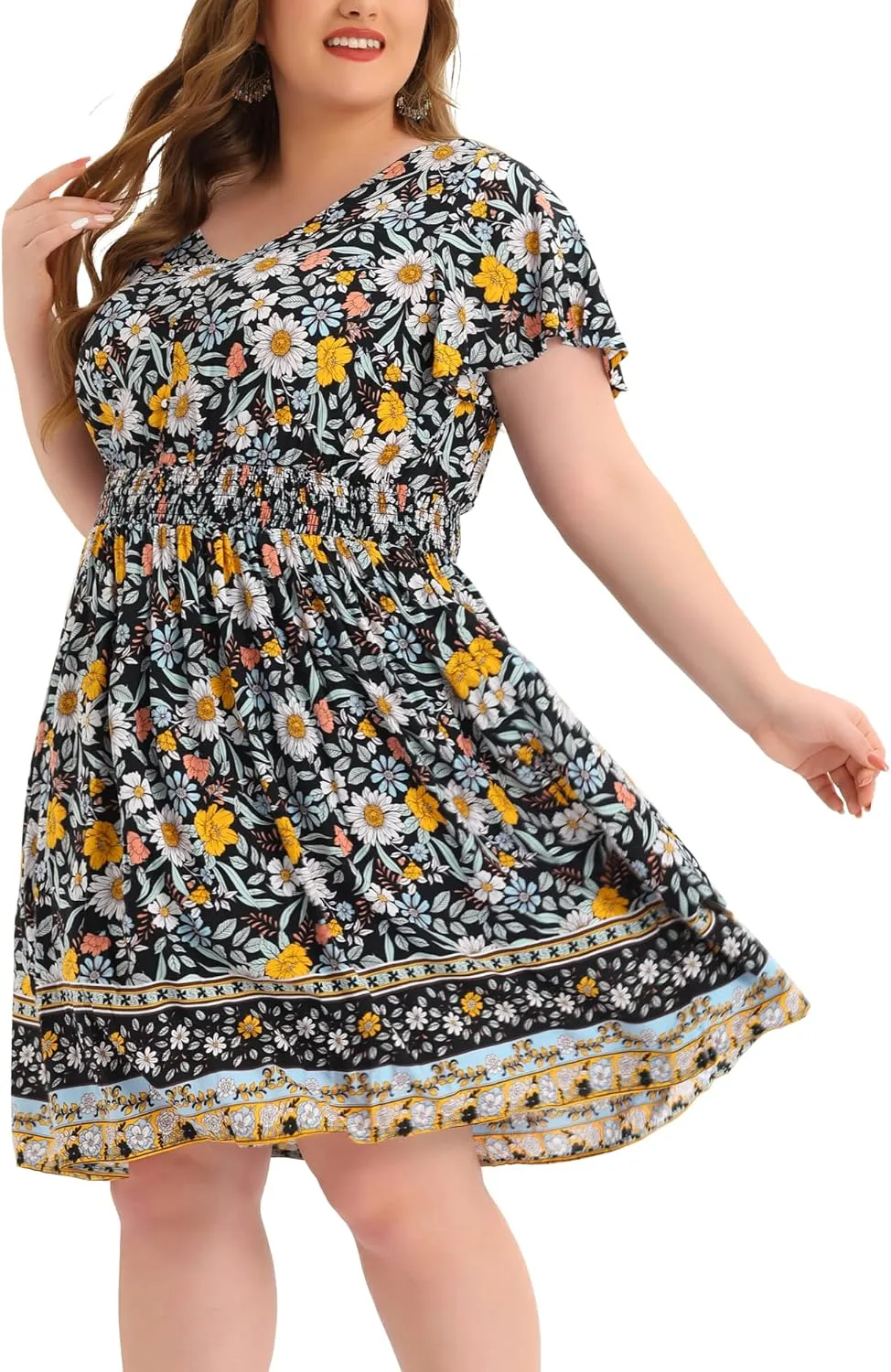 Agnes Orinda Plus Size Midi Dresses for Women Placed Pattern Bohemian Smock Waist V Neck Summer Dress