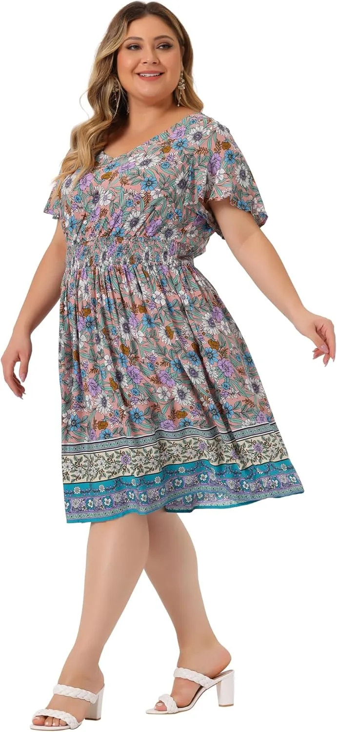Agnes Orinda Plus Size Midi Dresses for Women Placed Pattern Bohemian Smock Waist V Neck Summer Dress