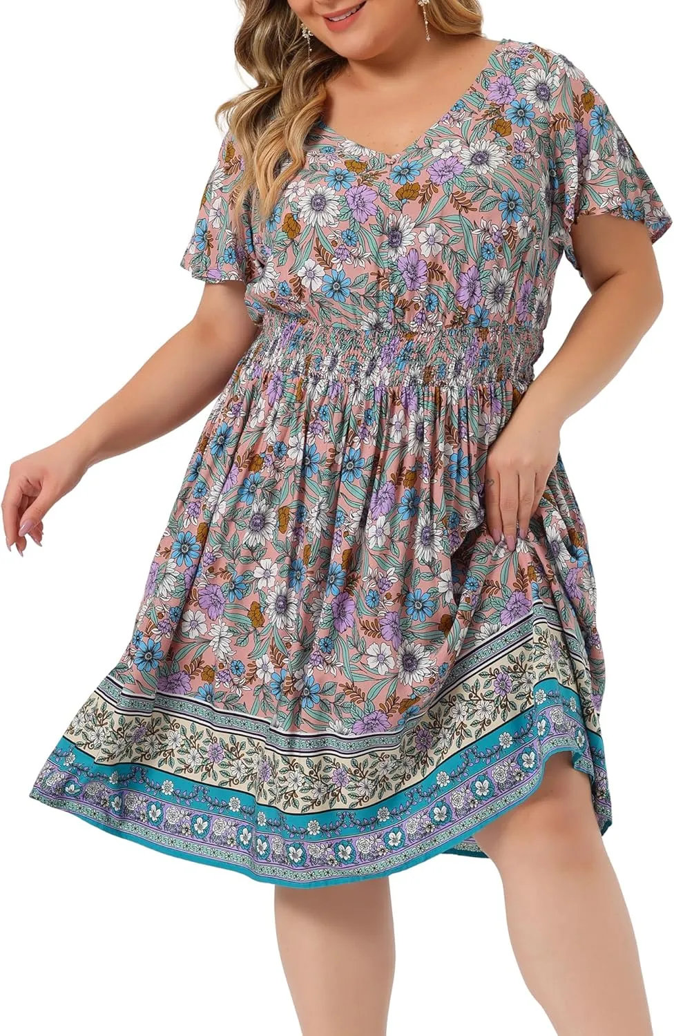 Agnes Orinda Plus Size Midi Dresses for Women Placed Pattern Bohemian Smock Waist V Neck Summer Dress