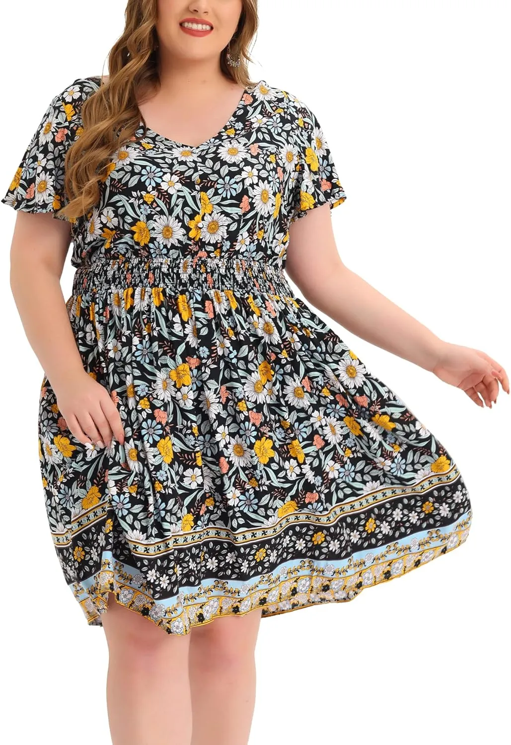 Agnes Orinda Plus Size Midi Dresses for Women Placed Pattern Bohemian Smock Waist V Neck Summer Dress