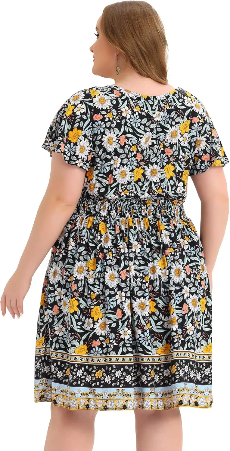 Agnes Orinda Plus Size Midi Dresses for Women Placed Pattern Bohemian Smock Waist V Neck Summer Dress