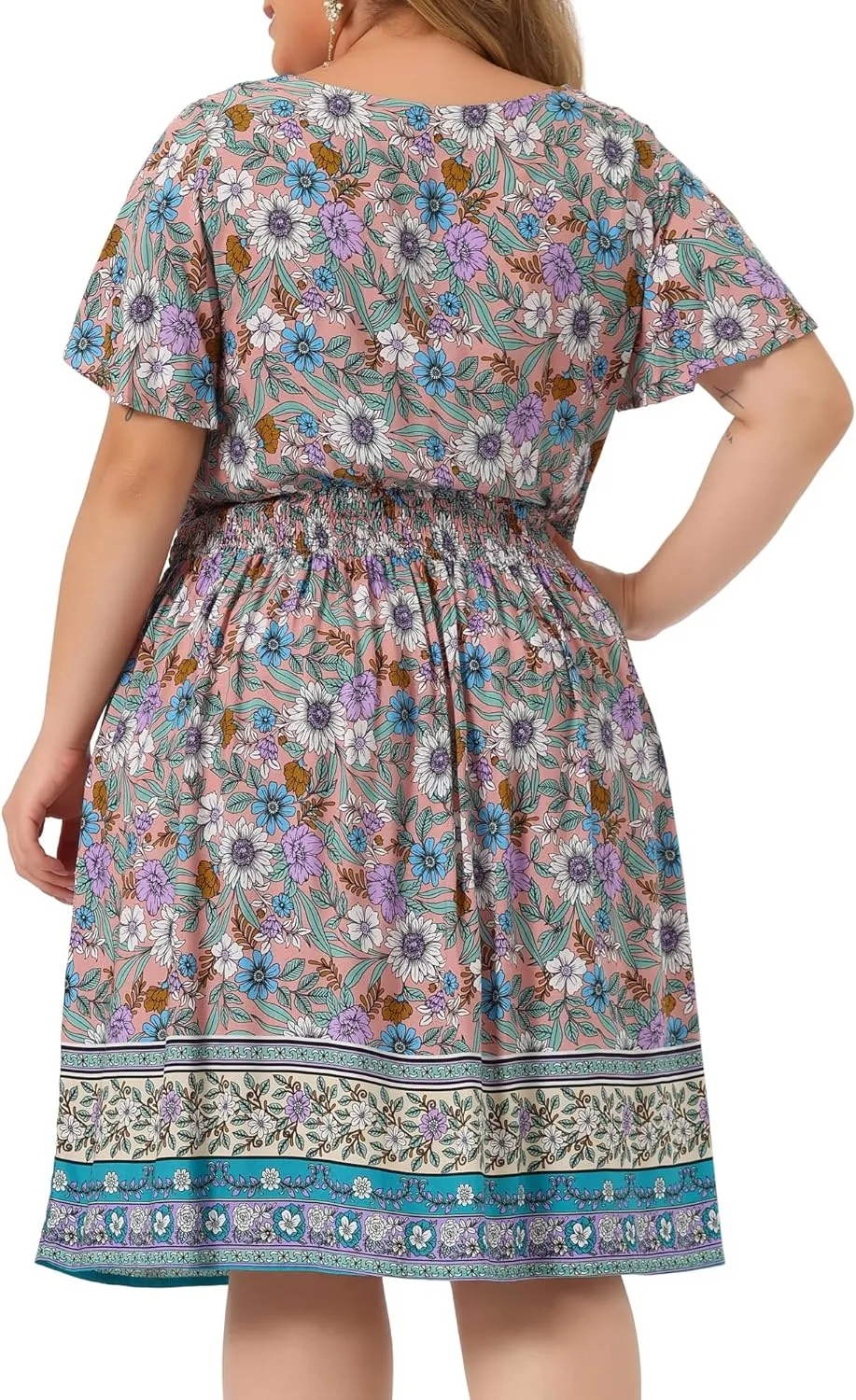 Agnes Orinda Plus Size Midi Dresses for Women Placed Pattern Bohemian Smock Waist V Neck Summer Dress