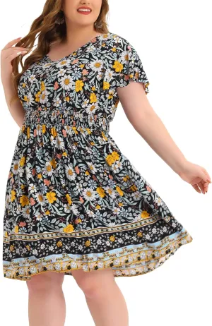 Agnes Orinda Plus Size Midi Dresses for Women Placed Pattern Bohemian Smock Waist V Neck Summer Dress