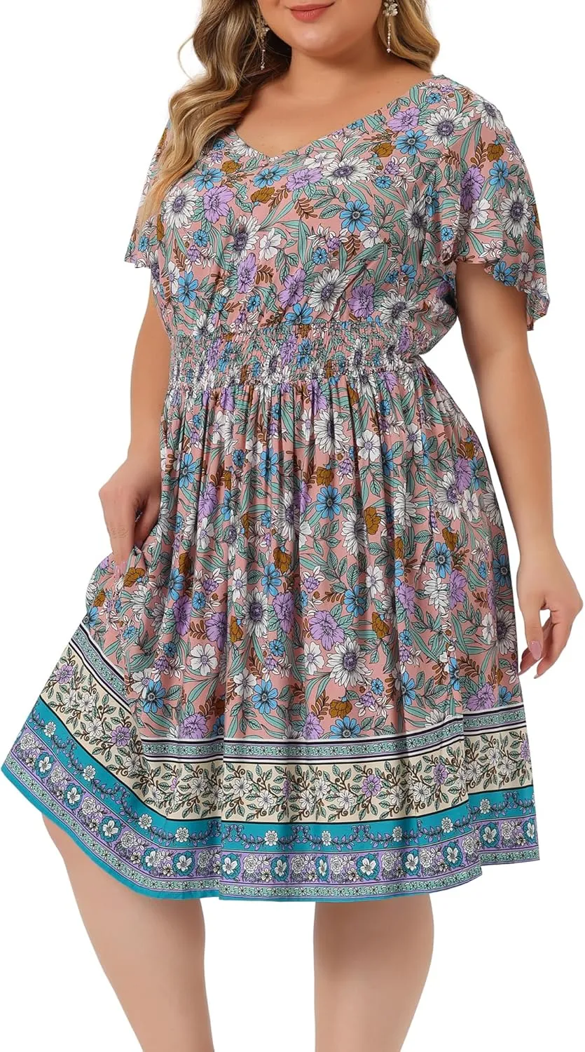Agnes Orinda Plus Size Midi Dresses for Women Placed Pattern Bohemian Smock Waist V Neck Summer Dress